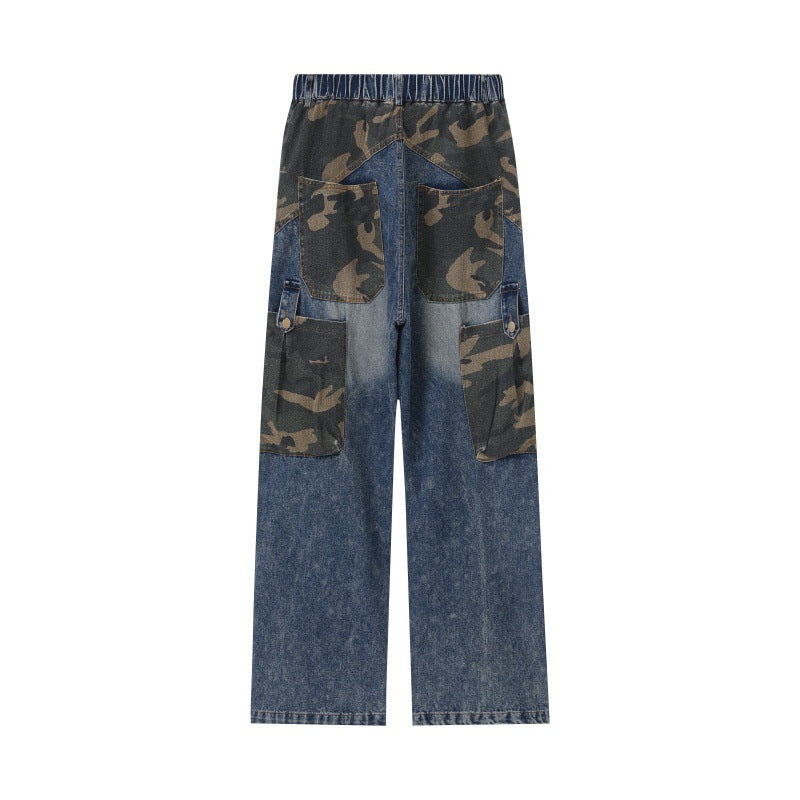 Women Wide High-Waist Denim Cargo Pants with Camouflage Inserts Chichicherry
