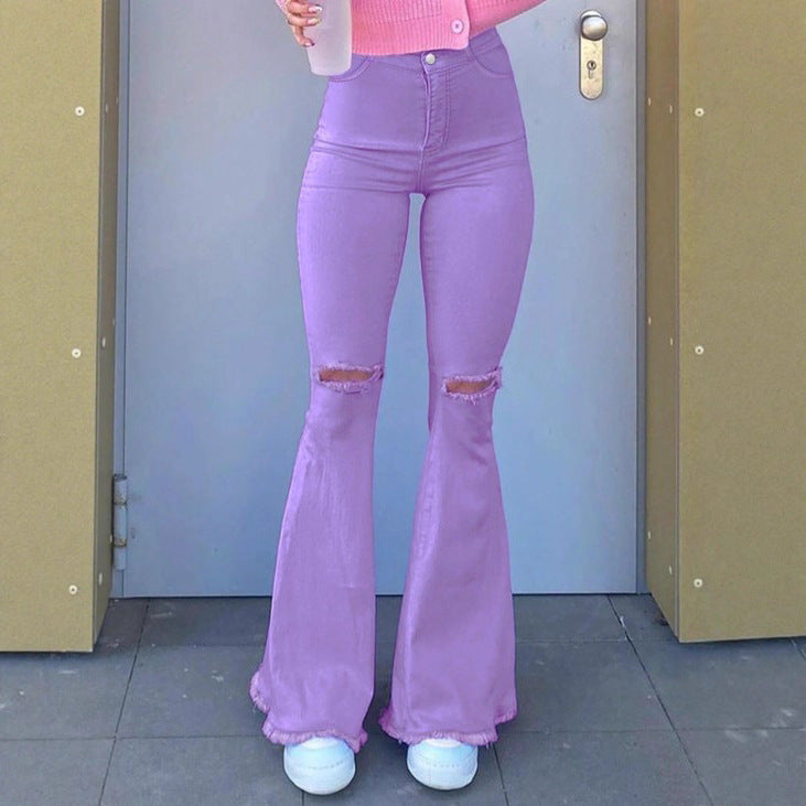 Women High-Rise Stretch Flared Jeans with Knee Rips, Flared Leg and Raw Hem Chichicherry