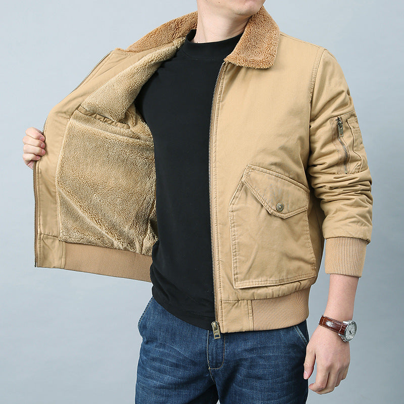 Men's Short Cut Bomber Jacket in Pilot Style with Teddy Collar, Utility Pockets and Ribbed Cuffs Chichicherry