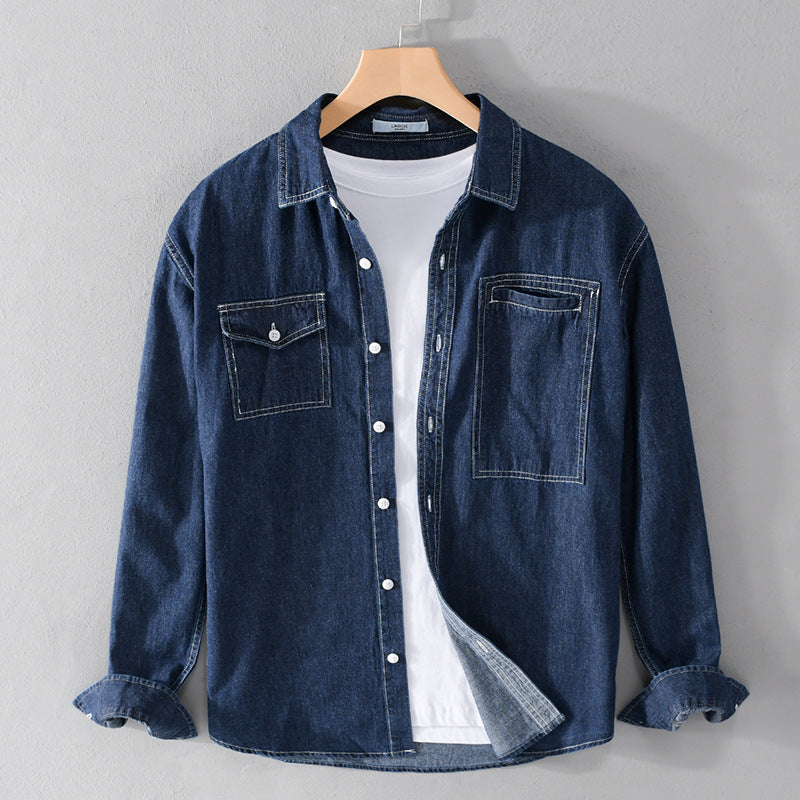 Men's jeans overshirt in worker style with double chest pockets and contrasting decorative seams Chichicherry