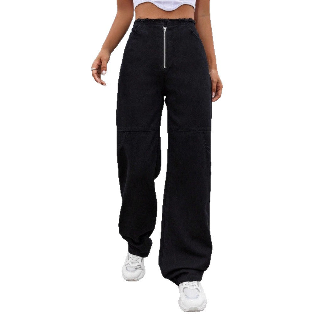 Women's High-Waisted Wide-Leg Jeans with Visible Front Zip, Knee Darts and Raw Hem Chichicherry