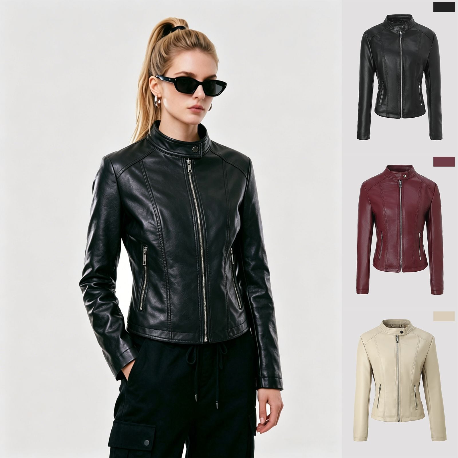 Women Tailored Leather Jacket with Stand-Up Collar, Vertical Decorative Seams and Zipper Pockets Chichicherry