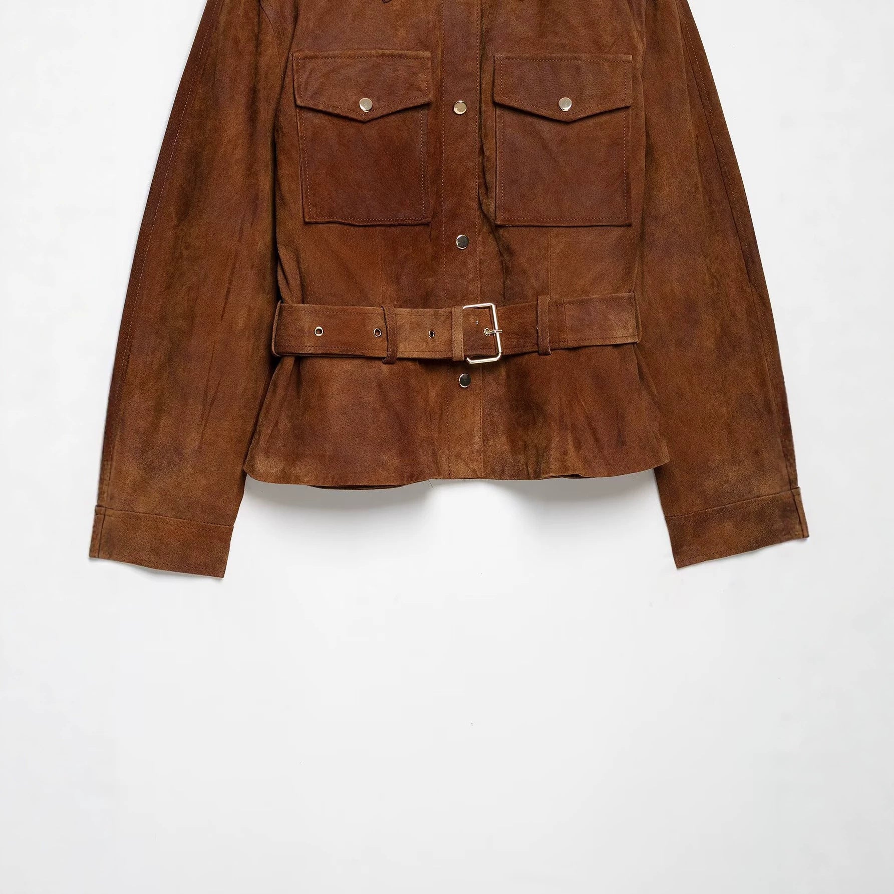 Women's short jacket in safari style made of suede with waist belt and patch chest pockets Chichicherry