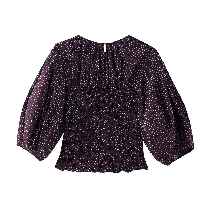 Women gathered polka dot top with elastic smocked body, balloon sleeves and ruffle hem Chichicherry
