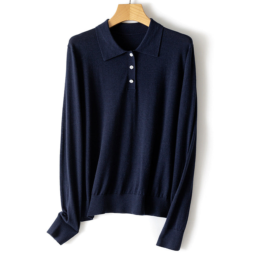 Women's fine-knit polo sweater with button placket, lightweight drape and ribbed cuffs Chichicherry
