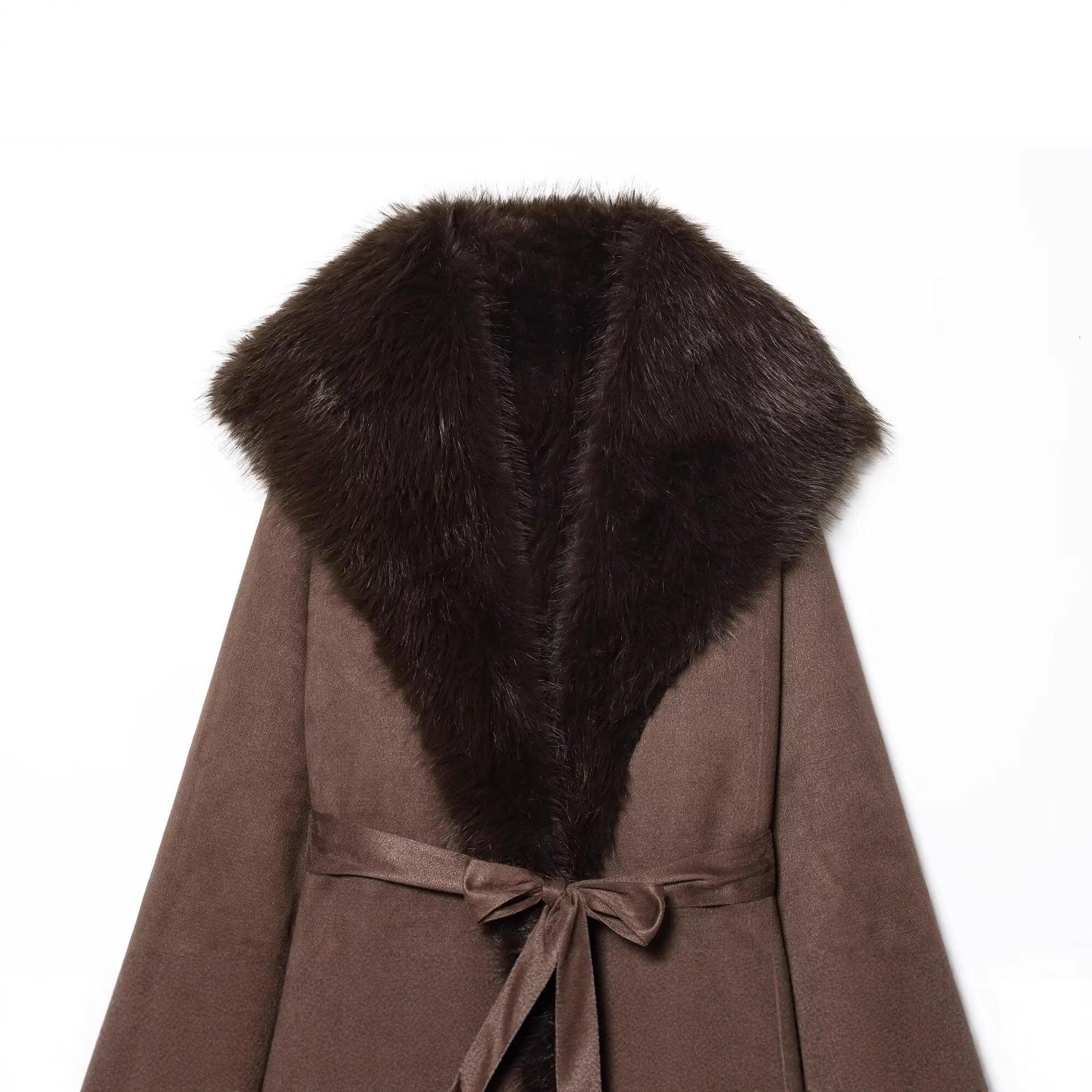 Women's Long Sheepskin Look Coat with Hood, Tie Belt and Faux Fur Trim Chichicherry