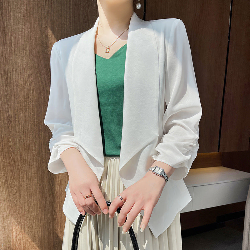 Women's Shawl Collar Blazer with Satin Trim, Open Front and Casual Short Style Chichicherry