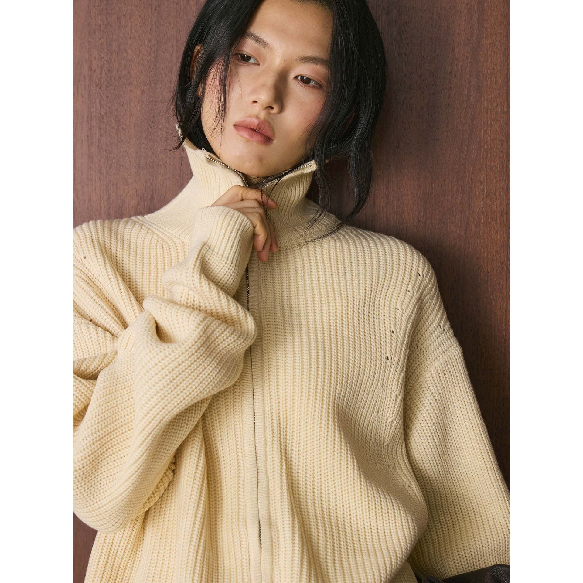Women's chunky knit zip cardigan with high stand-up collar and dropped shoulder Chichicherry