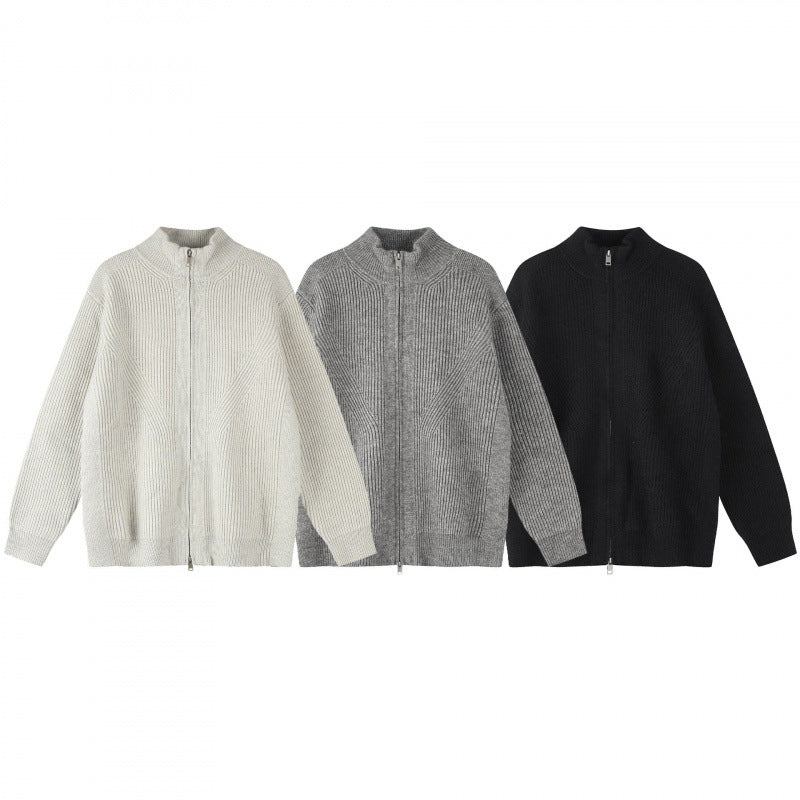Unisex Chunky Knit Zip-Up Knit Cardigan with Stand-Up Collar and Ribbed Structure Chichicherry