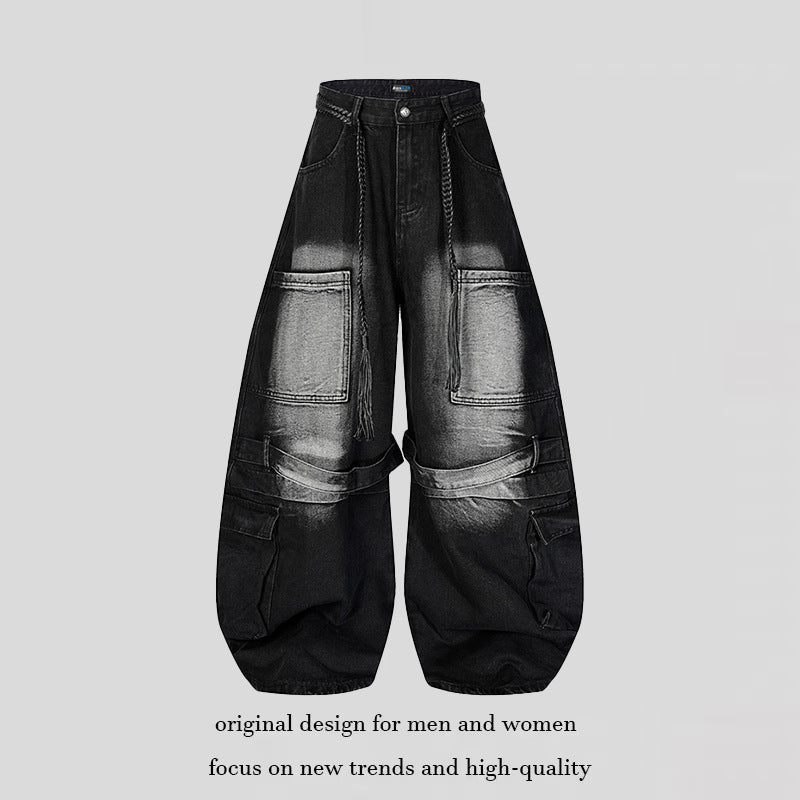 Women's wide denim cargo pants in balloon cut with large patch pockets and braided belt Chichicherry