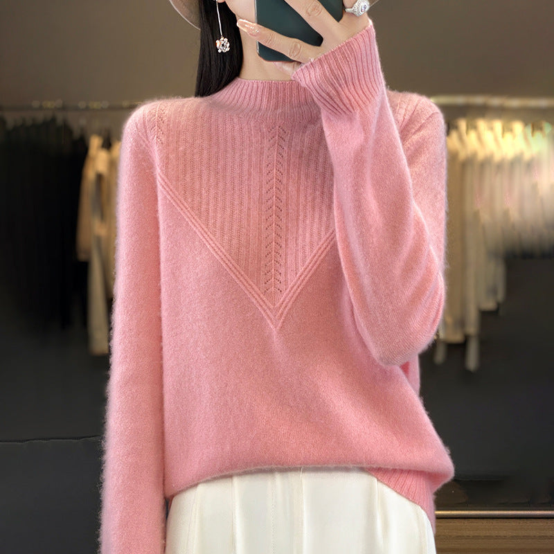 Women's Loose Mohair Blend Sweater with Textured V Panel and Stand-up Collar Chichicherry