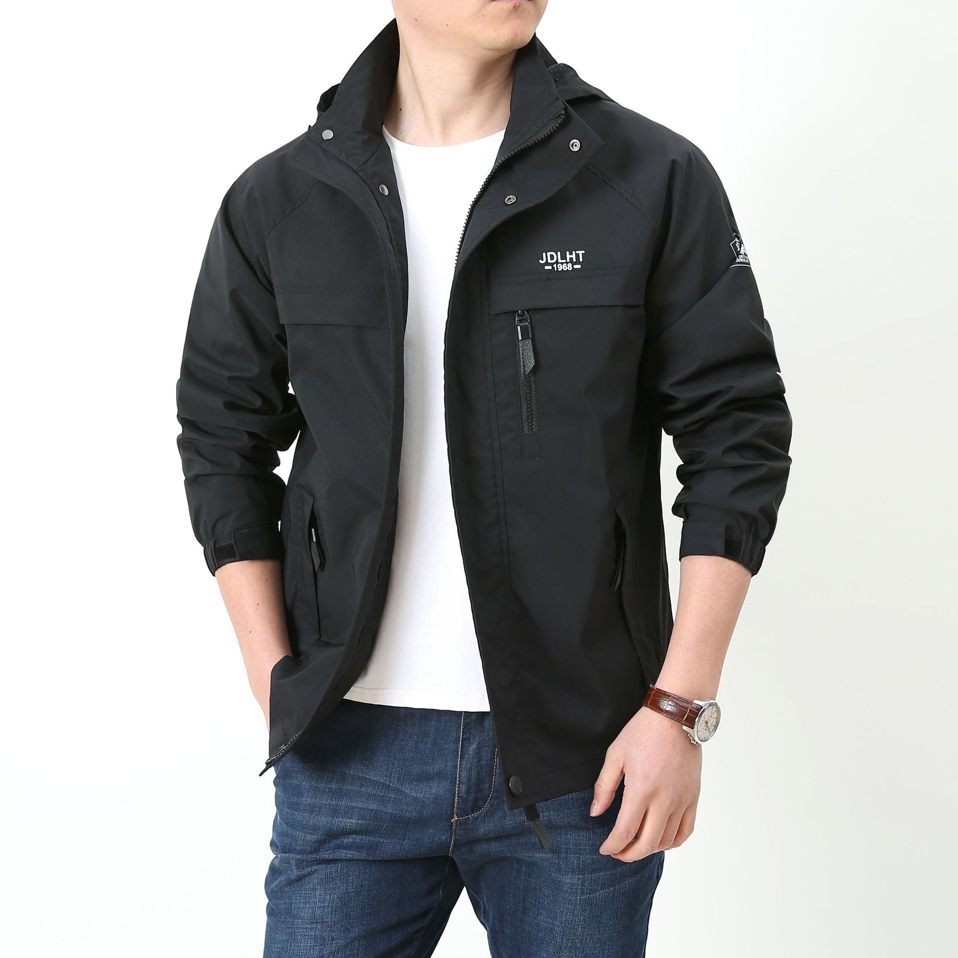 Men's Lightweight Softshell Utility Jacket with Hood, Windproof Shell and Multiple Pockets Chichicherry