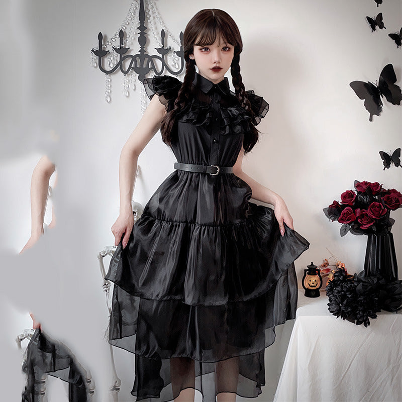 Ladies Elegant Maxi Dress with Voluminous Ruffles and Waist Belt Chichicherry
