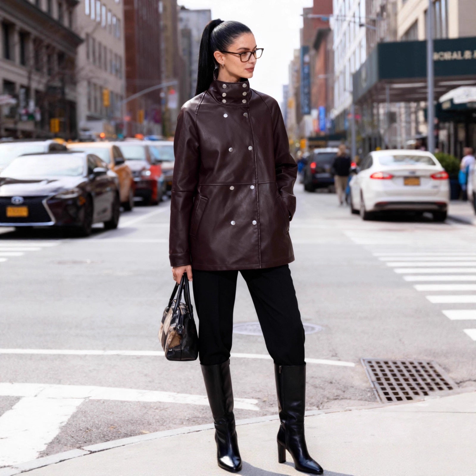 Women's Mid-Length Faux Leather Coat with High Stand-Up Collar and Double-Breasted Snap Buttons Chichicherry