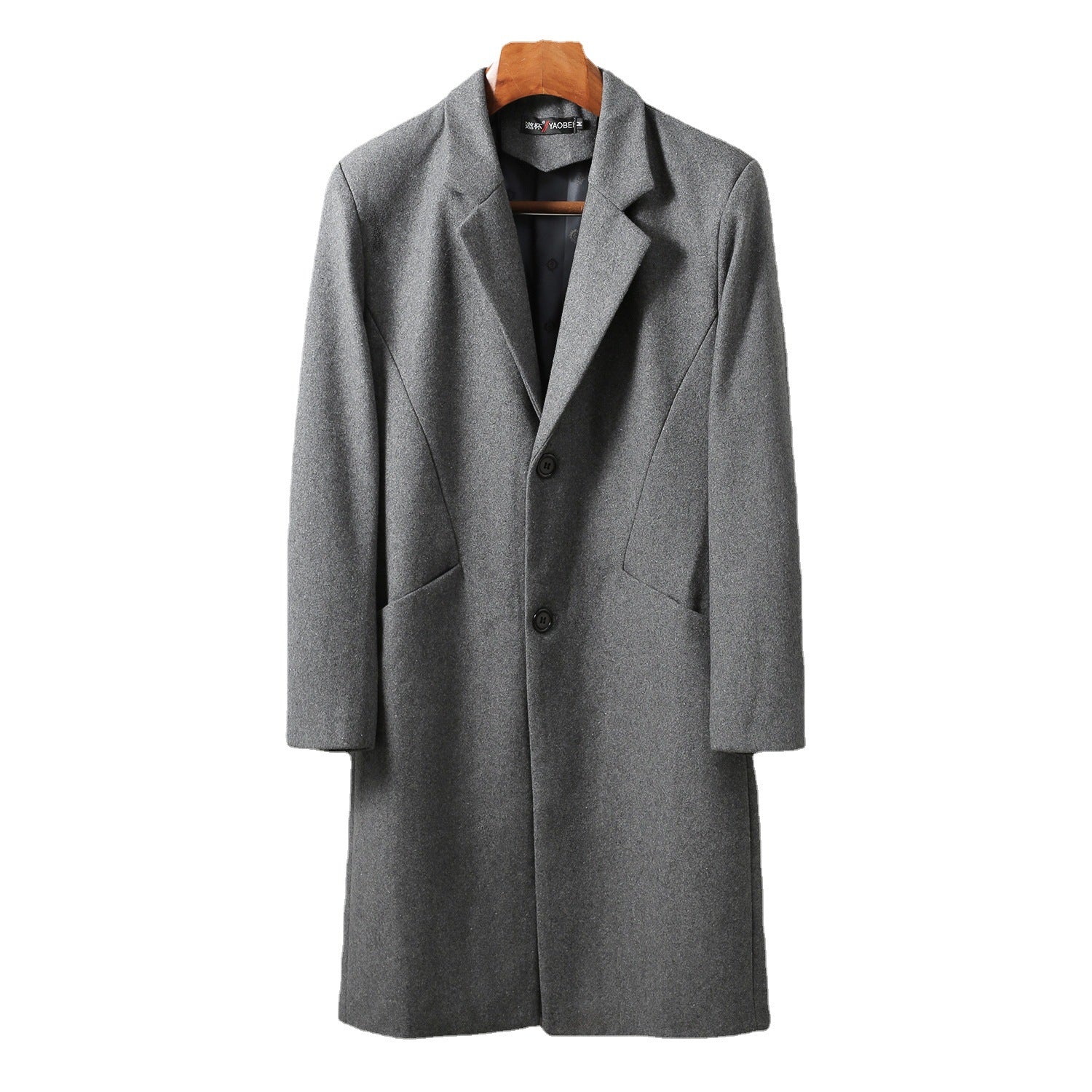 Men Timeless Long Wool Coat with Slim Lapel and Two-Button Closure Chichicherry