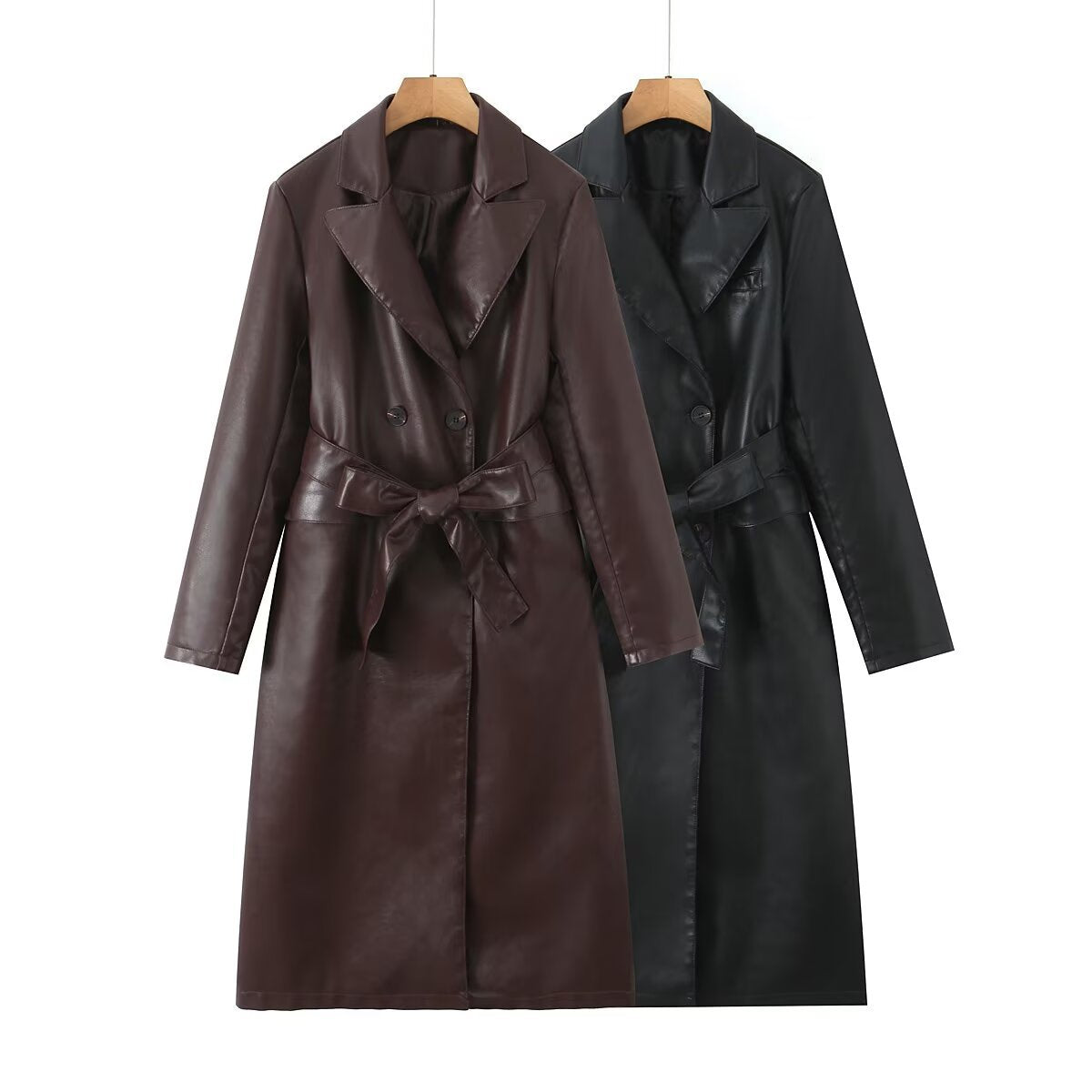 Women's longer tailored coat in leather look with tie belt and lapel collar Chichicherry
