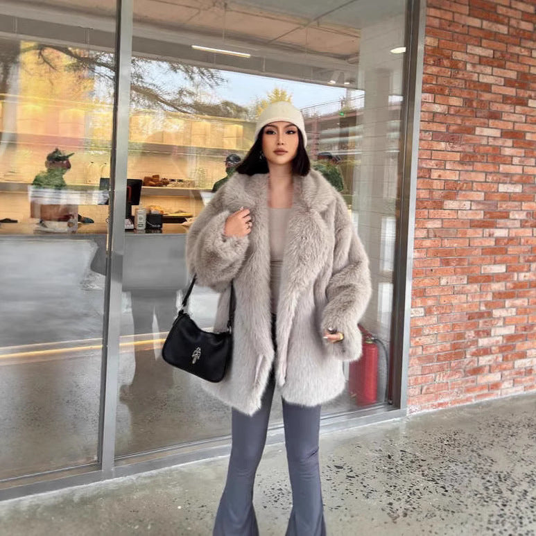 Women Short Fluffy Coat with Oversized Silhouette, Voluminous Shawl Collar and Medium Length Chichicherry