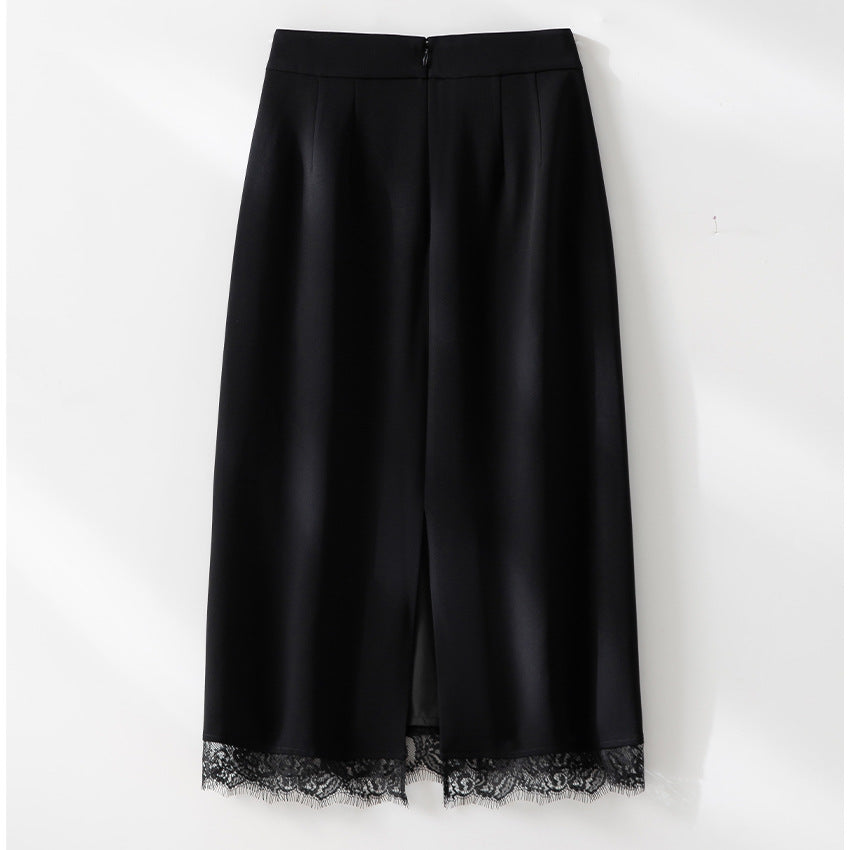 Ladies midi skirt made of satin with lace trim and side pockets Chichicherry