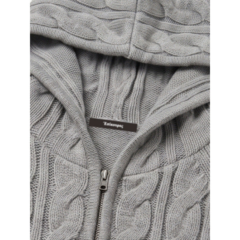Women Hooded Braid Knit Cardigan with Zipper and Raglan Sleeves Chichicherry