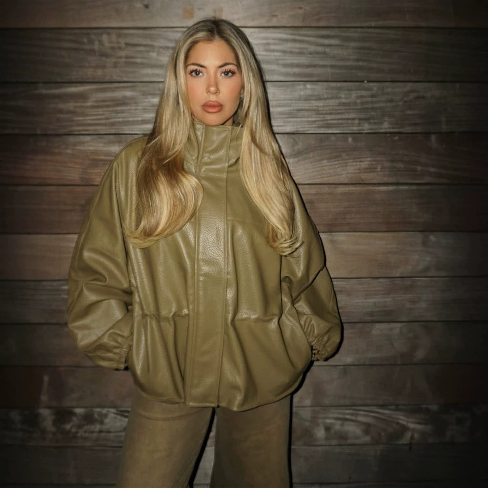 Women Boxy Faux Leather Jacket with High Stand-Up Collar, Drawstring Waist and Balloon Sleeves Chichicherry