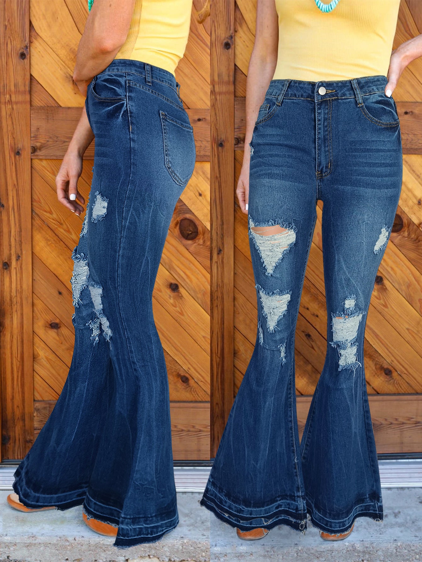 Women's Retro Flared Jeans with High Waist, Destroyed Details and Sculpting Stretch Waistband Chichicherry