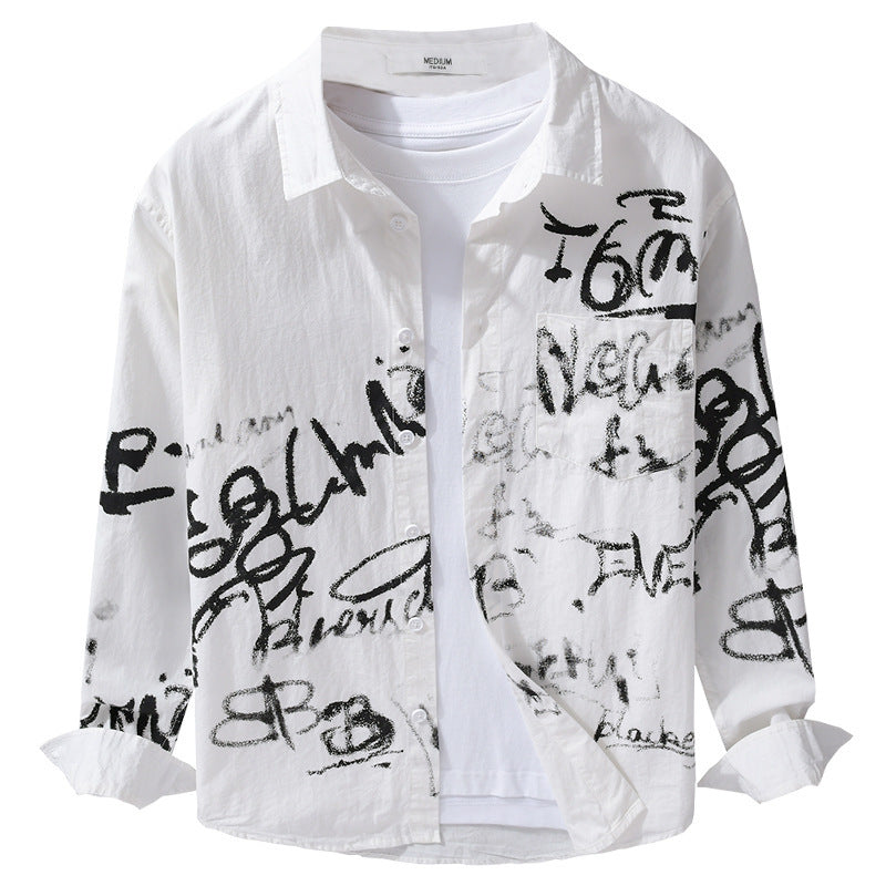 Men's Casual Overshirt with Graphic Scribble Print and Chest Pocket Chichicherry