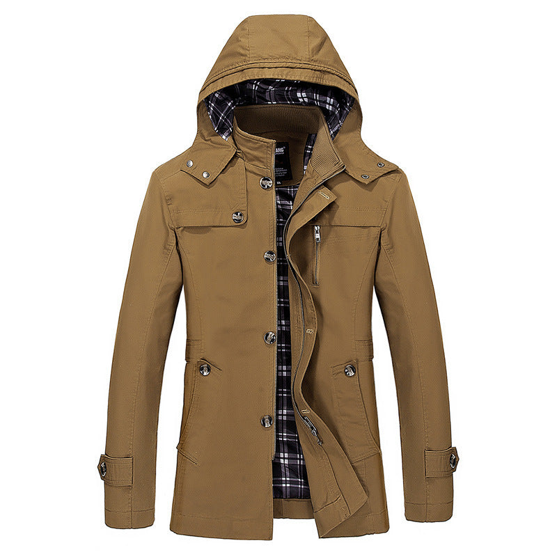 Men's Hooded Canvas Parka with Checked Lining, Wind-Resistant Linen Look and Multifunctional Pockets Chichicherry
