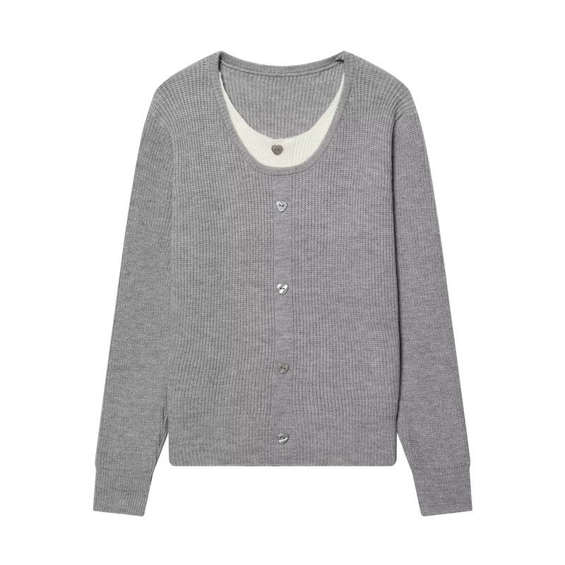 Women's two-layer fine knit cardigan with integrated under top and heart buttons Chichicherry