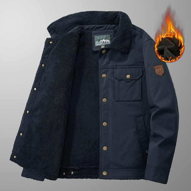 Men's outdoor work jacket made of canvas with warming teddy fleece lining and vintage utility details Chichicherry