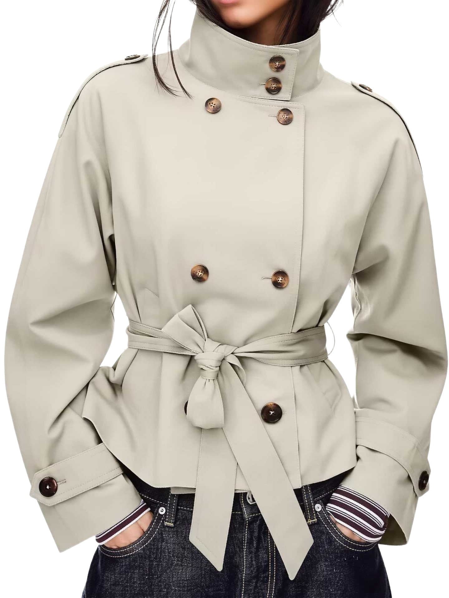 Women's short trench coat with double-breasted, waist belt and stand-up collar Chichicherry