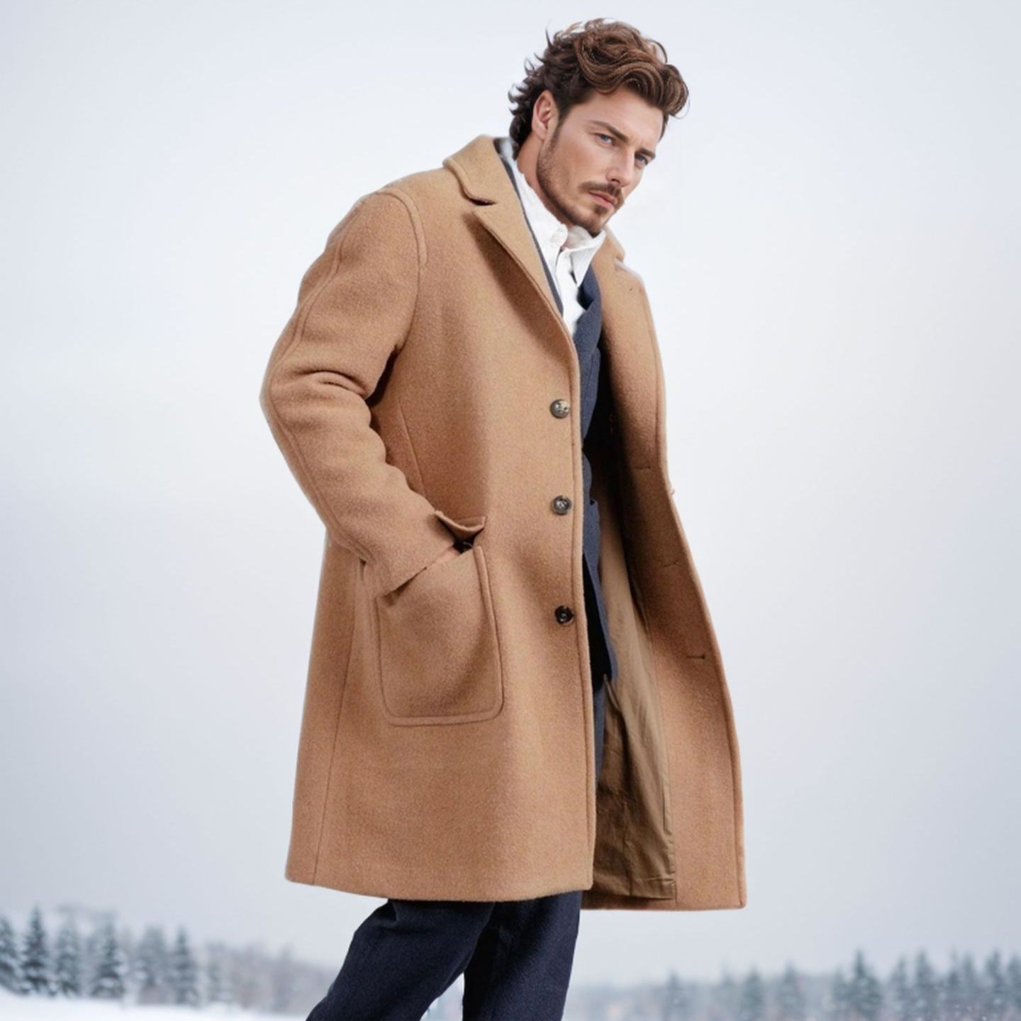 Men's Mid-Length Teddy Wool Coat with Patch Pockets and Stand Collar Chichicherry