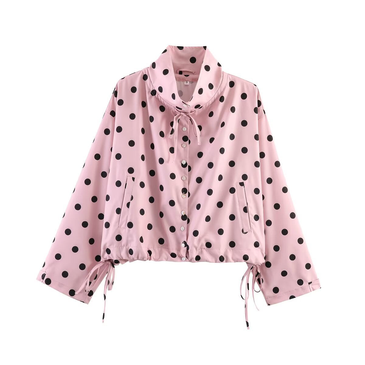 Women's Cropped Polka Dot Transition Jacket with Stand-Up Collar, Drawstring Hem and Button Placket Chichicherry