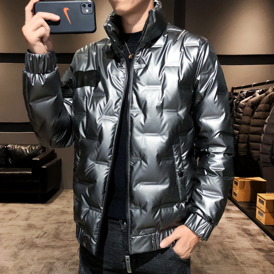 Men's Shiny Thermal Quilted Jacket with Square Quilt and High-Closing Stand-Up Collar Chichicherry