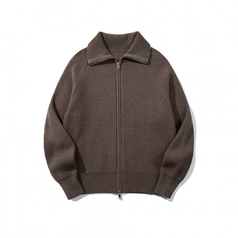 Unisex Ribbed Zip Cardigan with Stand-Up Collar, Raglan Sleeves and Two-Way Zipper Chichicherry