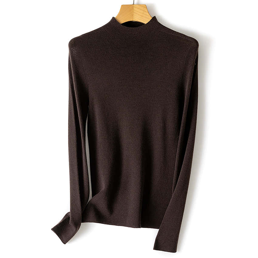 Women Fine Fine Knit Long Sleeve Sweater with Short Stand-Up Collar and Slim-Fit Chichicherry