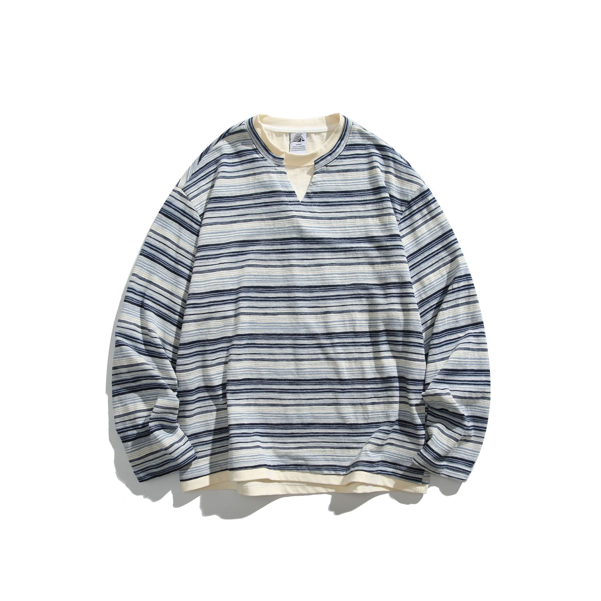 Unisex Striped Long Sleeve Shirt with V-Notch and Layer Effect Chichicherry