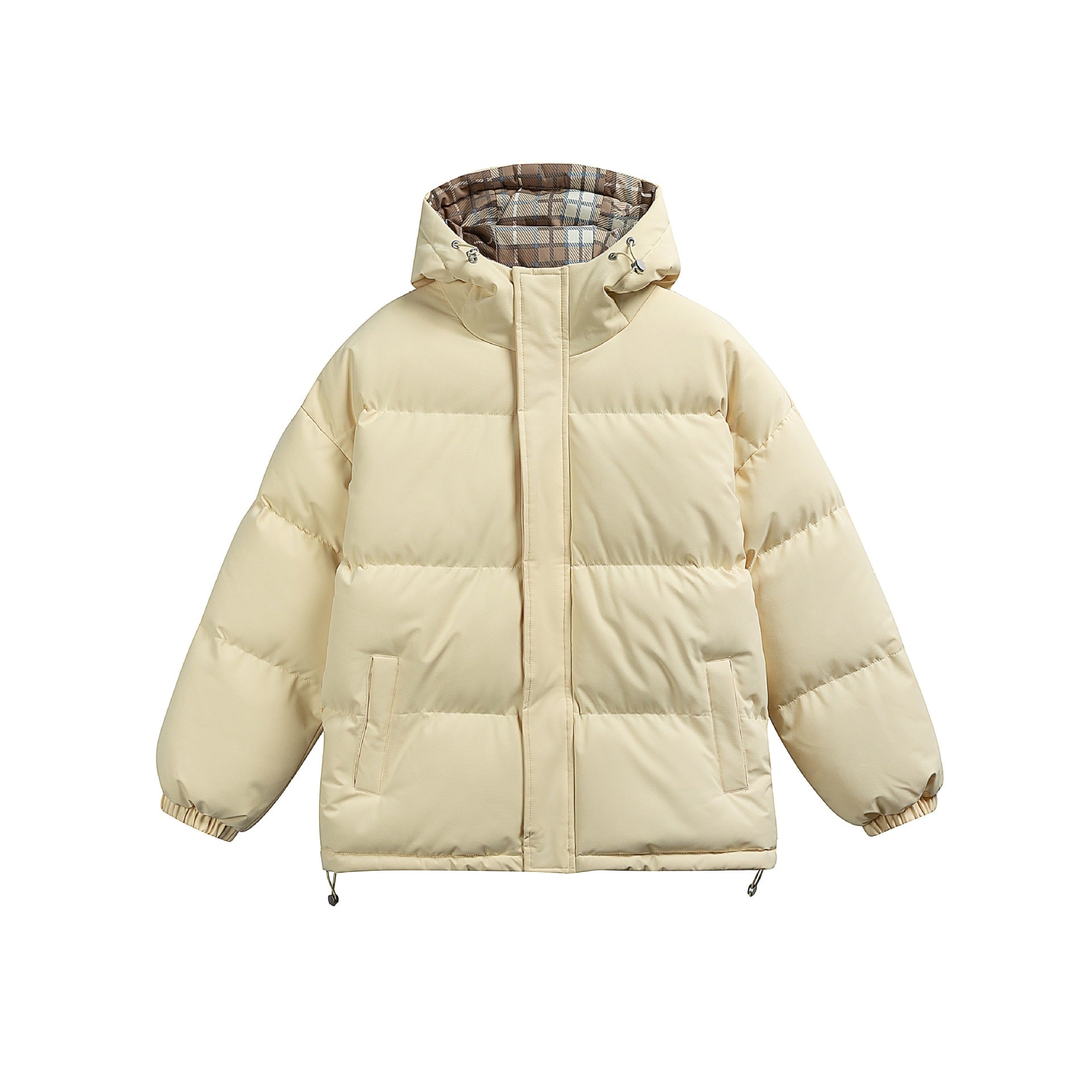 Women Padded Oversize Quilted Jacket with Hood, High Collar and Checked Lining Chichicherry