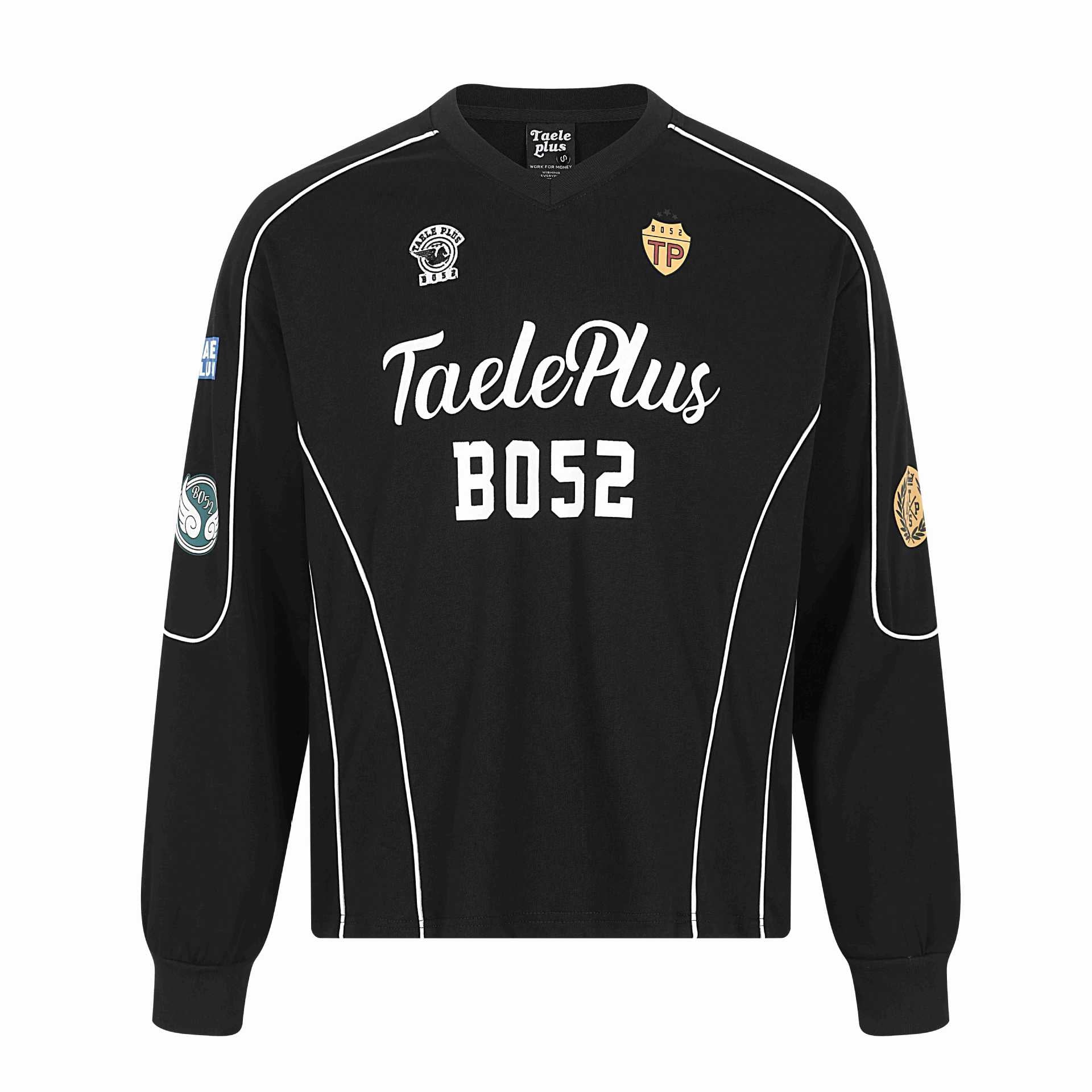 Men's retro-inspired long sleeve football jersey with V-neck and contrast piping Chichicherry