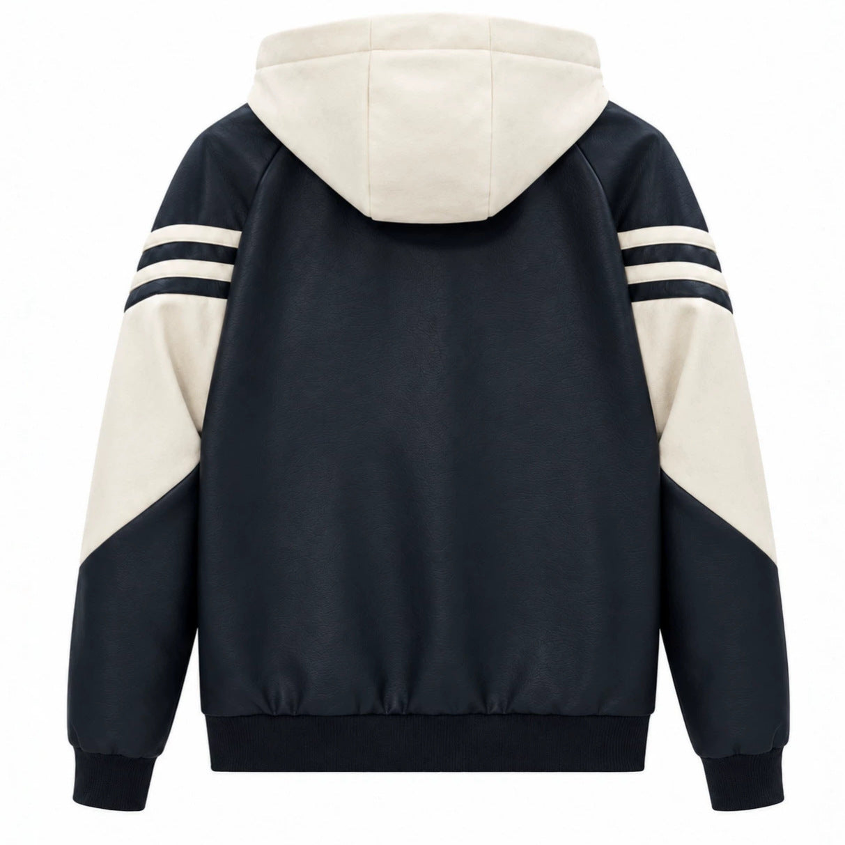 Men's Sporty Hooded Bomber with Faux Leather Look, Contrast Stripes and Zipper Chichicherry