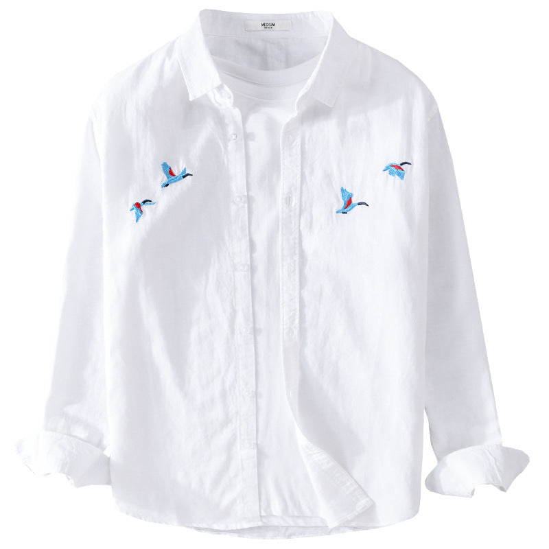 Men's Lightweight Linen Shirt with Fine Bird Embroidery and Relaxed Fit Chichicherry