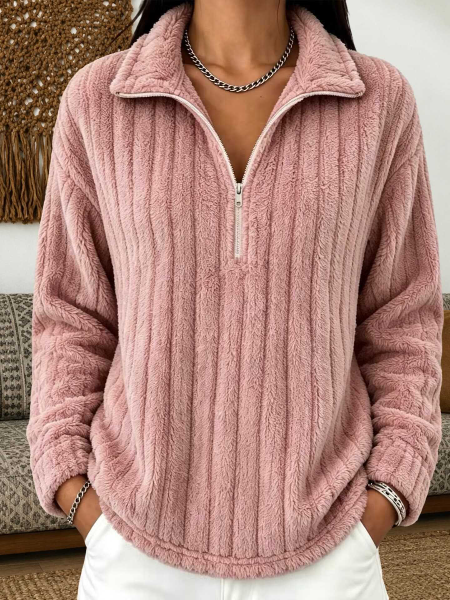 Women's Cozy Plush Half-Zip Pullover with Stand-Up Collar Chichicherry