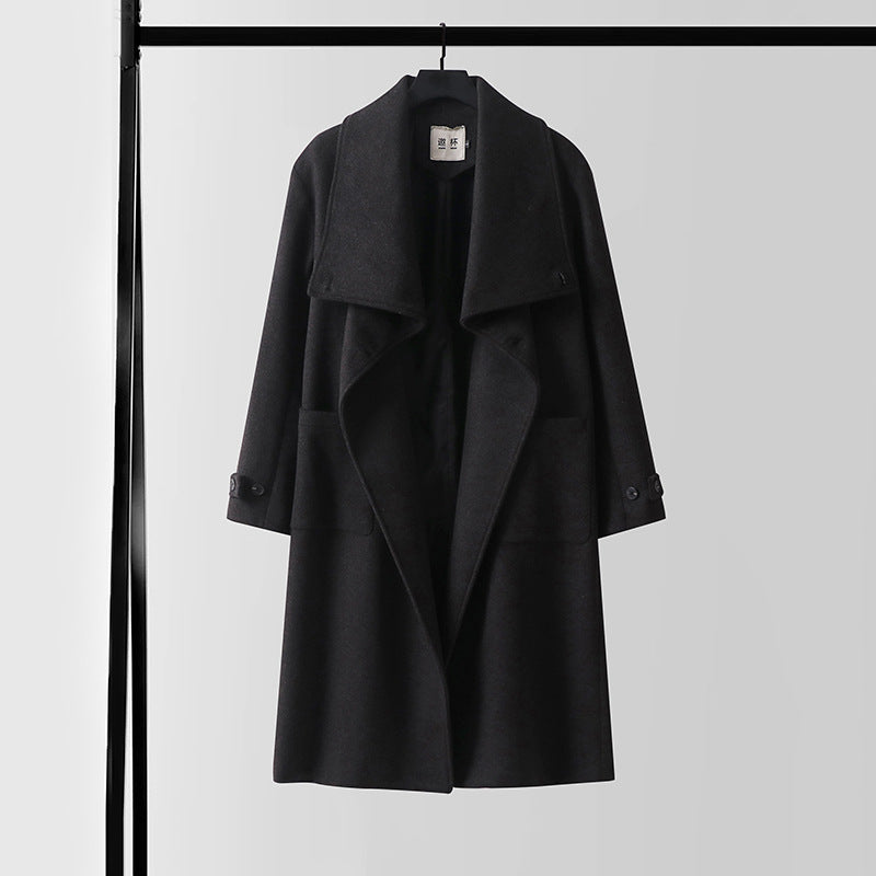 Ladies Elegant long wool mix cocoon coat with overlapping shawl collar and patch pockets Chichicherry
