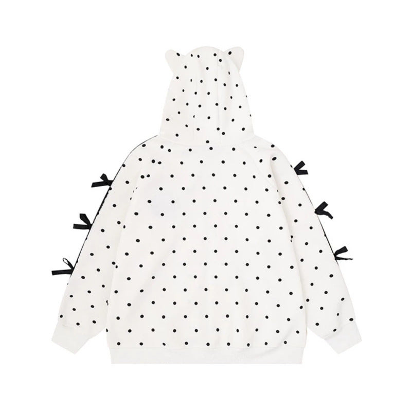 Women's hooded sweatshirt jacket with polka dot all-over, cat patch, bow sleeves and ear hood Chichicherry