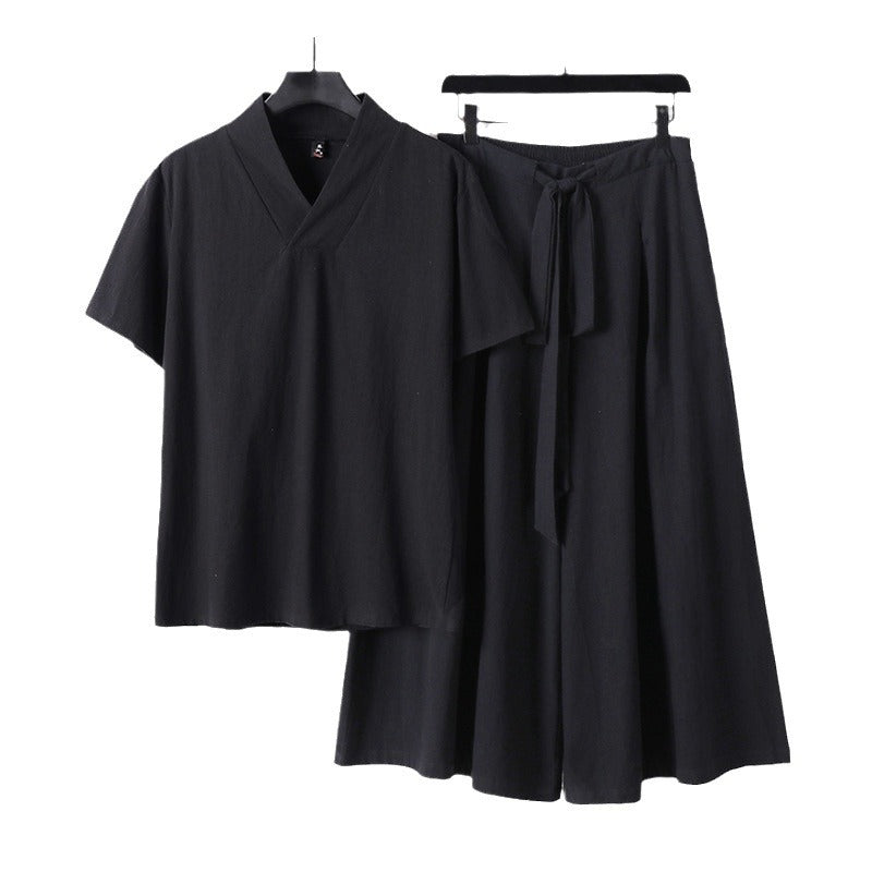 Women's Lightweight Loungewear Set with V-Neck Shirt and Flowing Midi Skirt with Drawstring Chichicherry