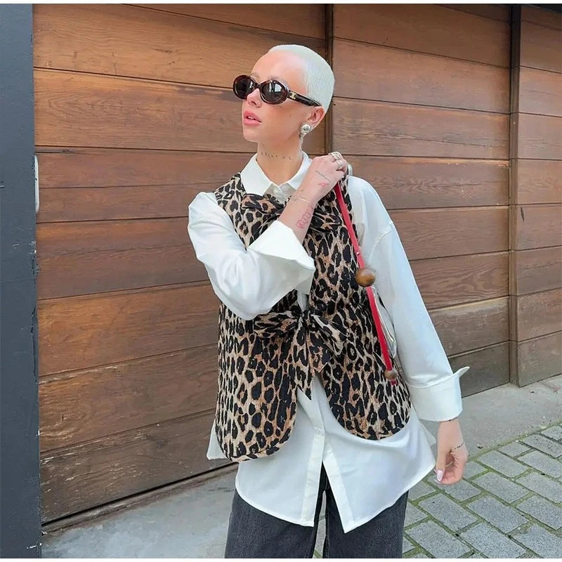 Women Sleeveless Leopard Print Vest with Ties and Textured Surface Chichicherry
