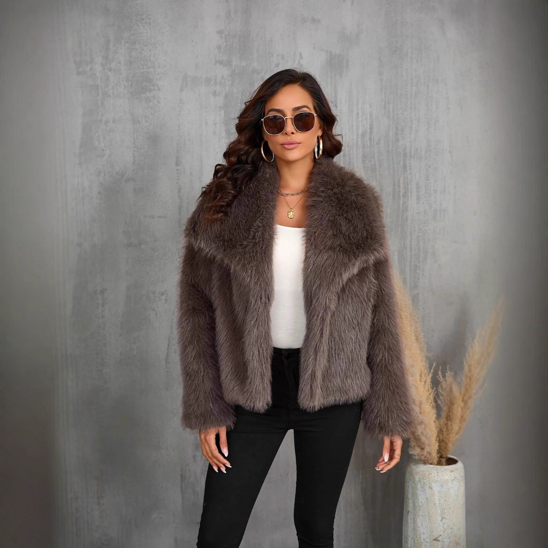 Women's Cropped Faux Fur Bolero with Extra Soft Long Pile and Voluminous Shawl Collar Chichicherry