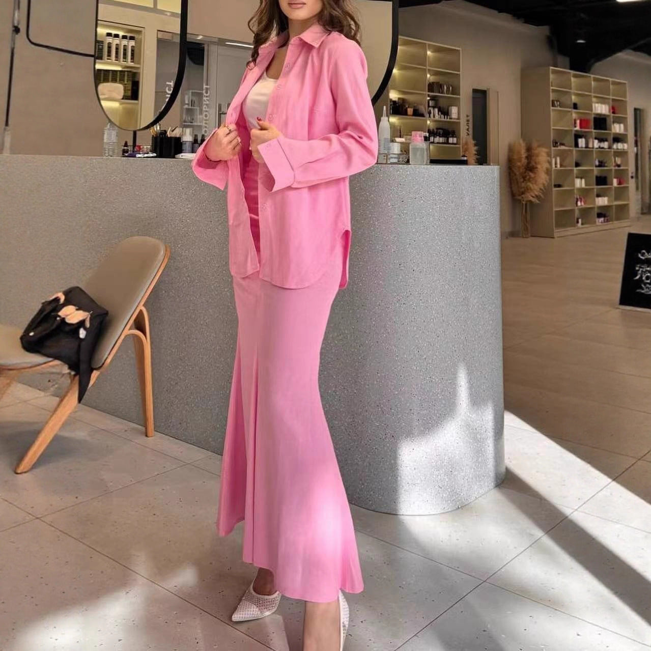 Women Two-Piece Set Tube Maxi Skirt with Flared Hem and Oversize Shirt Chichicherry