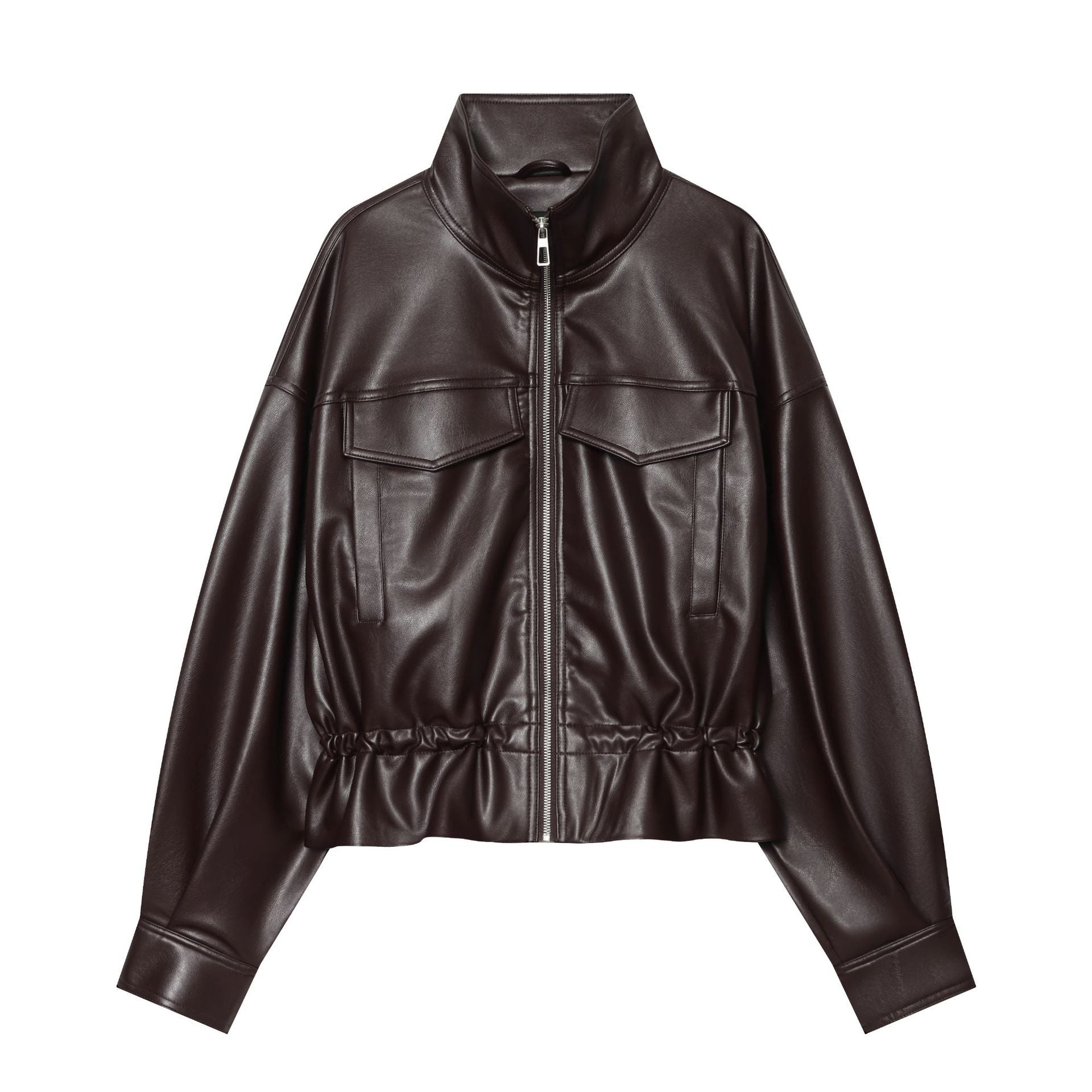 Women's Cropped Faux Leather Blouson with Drawstring, Patch Flap Pockets and High Stand Collar Chichicherry