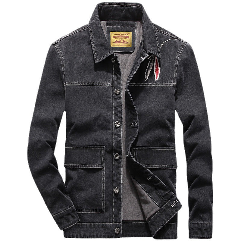 Men's Washed Denim Jacket in Vintage Look with Flap Pockets Chichicherry