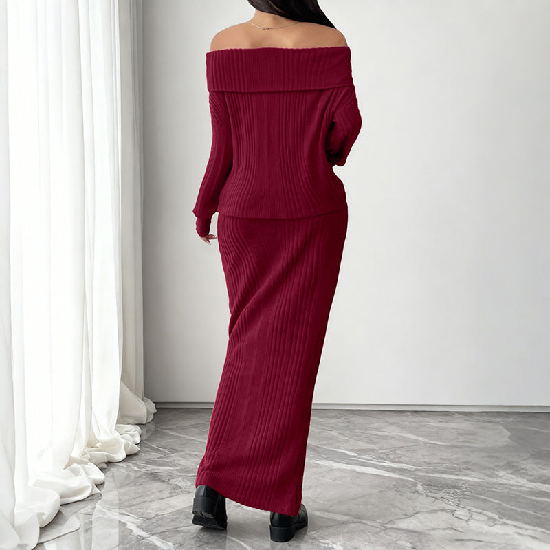 Women's Off-Shoulder Ribbed Knit Set with Bardot Neckline and Figure-Hugging Maxi Skirt Chichicherry